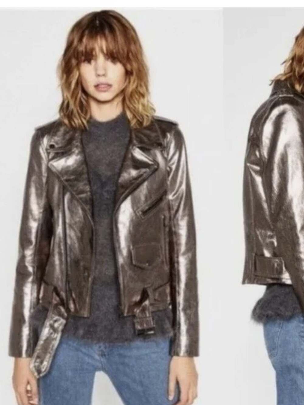 Metallic Silver zara Women's heavy Moto style Jacket faux leather HEAVY
